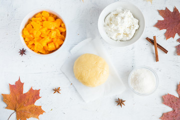 Fototapeta na wymiar Ingredients for pumpkin pie for thanksgiving celebration