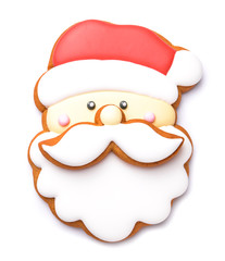 Tasty Christmas cookie in shape of Santa's face on white background