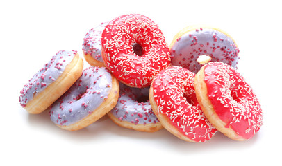Sweet tasty donuts on white background