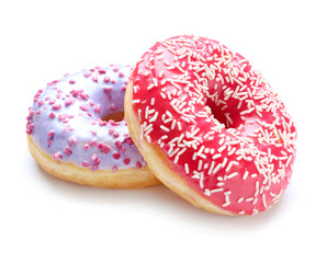 Sweet tasty donuts on white background