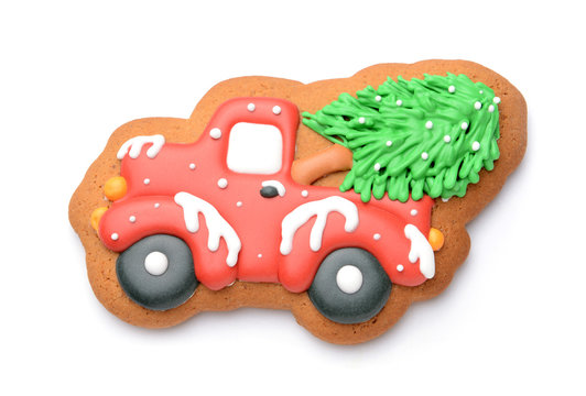 Tasty Christmas Cookie In Shape Of Car On White Background