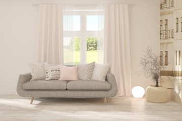 Stylish room in white color with sofa. Scandinavian interior design. 3D illustration