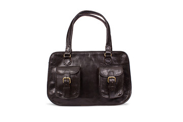 Dark Black Leather Bag On Isolated White Background, Two Pockets In Front