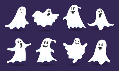 8 cute ghost characters flat style design vector illustration set isolated on dark background. Halloween boo spooky symbol flying above the ground.