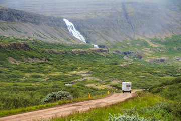 Beautiful view summer of camper van trip on the road at west-fjord land in Iceland, Concept of travel summer in Iceland