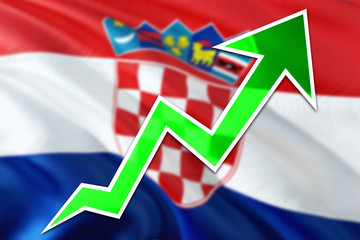 Cuba economy graph is indicating positive growth, green arrow going up with trend line. Business concept on national background.