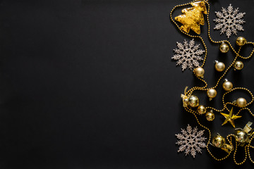 Christmas background with decoration, gold tree, snow flake, bubbles and star with copy space