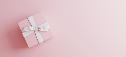 Mock-up poster, gentle millennial pink colored gift box with white bow on light pink background, 3D...
