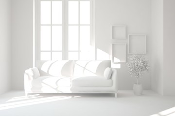 Mock up of stylish room in white color with sofa. Scandinavian interior design. 3D illustration