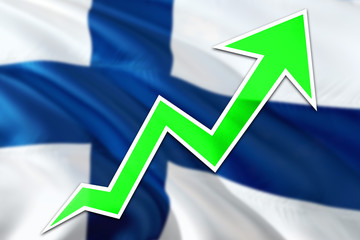 Finland economy graph is indicating positive growth, green arrow going up with trend line. Business concept on national background.