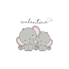 Valentines day card. Cute couple  elephant in love 