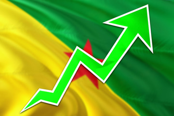 French Guiana economy graph is indicating positive growth, green arrow going up with trend line. Business concept on national background.