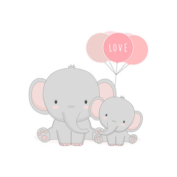 Cute mom and baby elephant with balloons. Mother's day card.