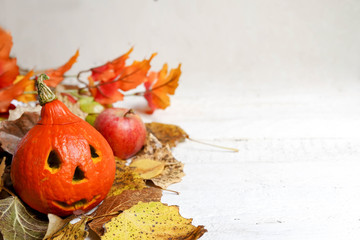 halloween pumpkin and autumn leaves on white background, copy space