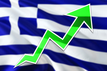 Greece economy graph is indicating positive growth, green arrow going up with trend line. Business concept on national background.