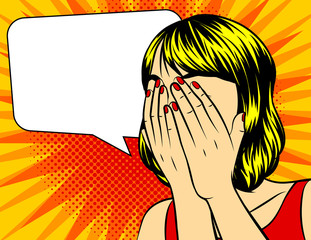 Vector pop art surprised woman face with closed face by hands. Comic woman in shock. Vector illustration on a yellow dotted background.