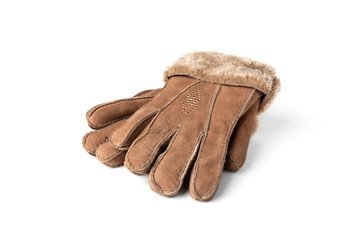 Brown sheepskin gloves isolated on white background.