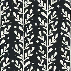 Fototapeta premium Vector floral seamless pattern with white vertical branches and leaves. Stylish texture for fabric, wallpaper, textile, web design.