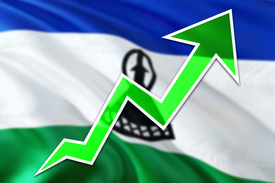 Lesotho economy graph is indicating positive growth, green arrow going up with trend line. Business concept on national background.