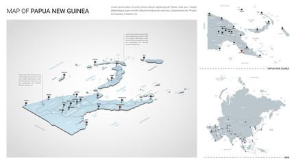 Vector set of Papua New Guinea country.  Isometric 3d map, Papua New Guinea map, Asia map - with region, state names and city names.