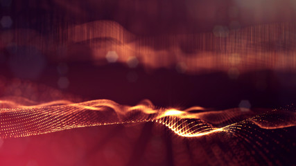 3d rendering background of glowing particles that form curved lines and 3d surfaces, grid with depth of field, bokeh. Microworld or sci-fi theme. Red gold