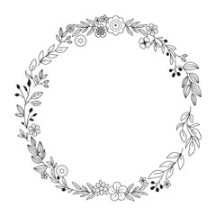 Floral Wreath branch in hand drawn style. Floral round black and white frame of twigs, leaves and flowers. Frames for the Valentine's day, wedding decor, logo and identity template. 
