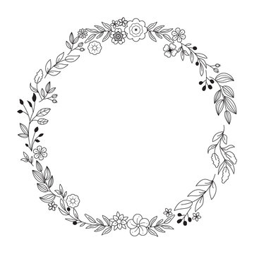 Floral Wreath branch in hand drawn style. Floral round black and white frame of twigs, leaves and flowers. Frames for the Valentine's day, wedding decor, logo and identity template. 