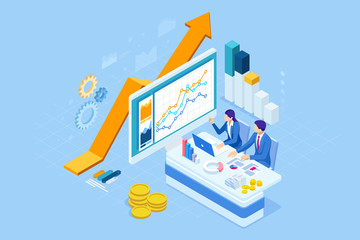 Isometric web business concept of financial administration, accounting, analysis, audit, financial report. Auditing tax process. Documents, graphics, charts, planner, calendar, report.