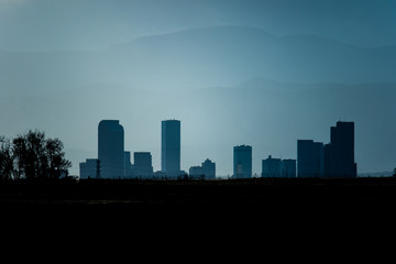 Denver skyline as seen from the Eastern plains of Colorado