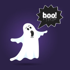 Flying halloween funny spooky ghost character say BOO with text space in the speech bubble vector illustration isolated on dark background