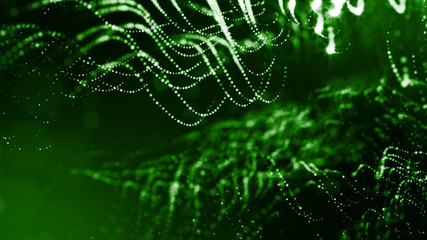 3d rendering of glow particles that fly in air as science fiction of microcosm or macro world or sci-fi. Abstract composition with depth of field and glow in dark with bokeh effects. Green