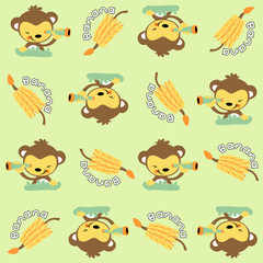 Naklejka na ściany i meble Vector cartoon seamless pattern with little monkey with bananas