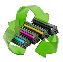 Laser printer CMYK toners inside recycle arrows. 3D illustration - obrazy, fototapety, plakaty