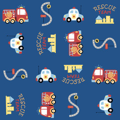 Naklejka premium Vector cartoon seamless pattern with rescue team vehicles