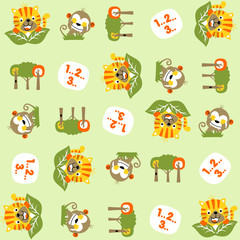 Vector cartoon seamless pattern with cute animals. Tiger and monkey play hide and seek