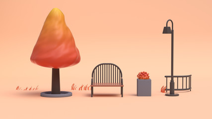 3d rendering cartoon style tree nature autumn orange colorful scene
