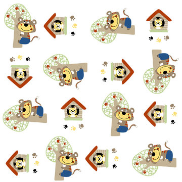Vector cartoon seamless pattern with funny cat climb a tree and mouse in its house