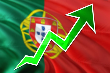 Portugal economy graph is indicating positive growth, green arrow going up with trend line. Business concept on national background.