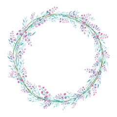 Beautiful vintage little pink floral wreath on white background for card template.Vector illustration.