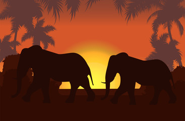 Fototapeta na wymiar Elephants in African savanna at sunset vector illustration. Doum palms, acacia. Silhouettes of animals and plants. Realistic landscape. African elephants.