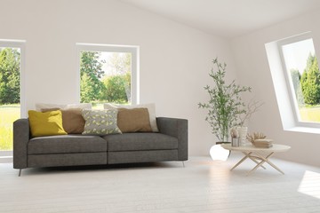 Stylish room in white color with sofa and summer landscape in window. Scandinavian interior design. 3D illustration