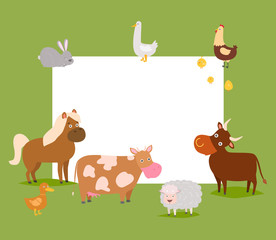 Farm animals vector frame illustration. Cow, hourse, chicken and duck with rabbit and sheep. Card template for birthdays and parties with space for your text. Cute cartoon farm animals.