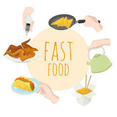 Fast food special offer vector illustration. Junk food frame with hands . Soda, hot dog, pizza, burger and french fries drawing. Great for label, menu, poster, banner, voucher, coupon