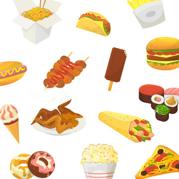 Fast food vector pattern. Hamburger, pitzza, roasted chicken and pop corn with sushi and icre cream isolated on white background. Wallpaper with an images of tasty fast food.