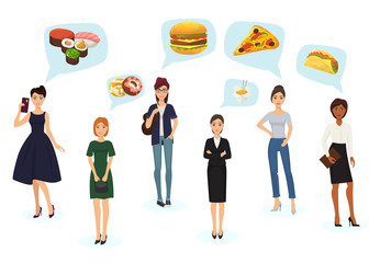 Caucasian young women thinking of fast food vector illustration. Woman and fast food order. Happy woman with sushi, burger, pitzza and hamburger mobile phone order.