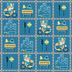 vector cartoon seamless pattern with funny motorcycle rider, traffic signs, building