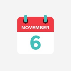 Flat icon calendar 6 November. Date, day and month. Vector illustration.