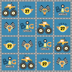 vector cartoon seamless pattern with monster truck race. © Bhonard21