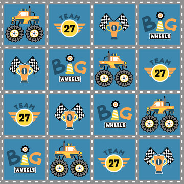 vector cartoon seamless pattern with monster truck race.