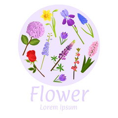 Floral flower card design vector illustration. Natural botanical circle frame garden lavender, rose, iris and narcissus flowers decorative composition. Floral poster, quote copy space.